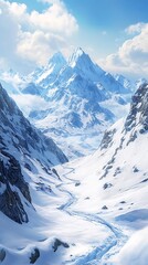 Obraz premium Majestic Winter Mountain Landscape: A Breathtaking View of Snow-Covered Peaks and Serene Valley