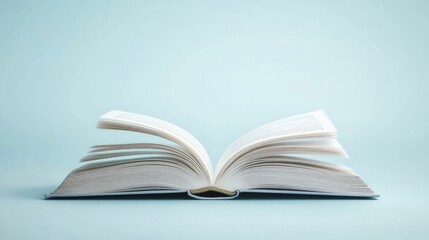Fototapeta premium Open book displaying highlighted passages, gentle blue backdrop, dimensional rendering.