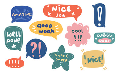 Set of speech bubbles with work phrases.Vector typography for stickers,cards, posters, t-shirts, badges.