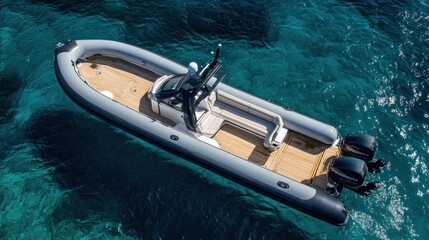 A sleek inflatable boat anchored in clear blue water.