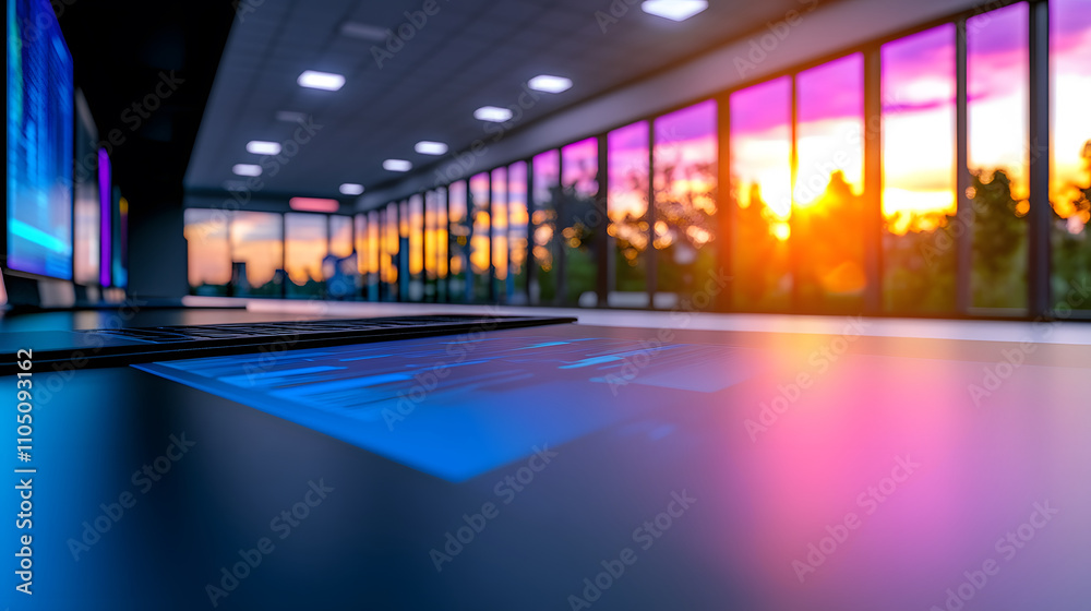 Poster a modern workspace features a laptop in the foreground with a vibrant sunset illuminating the room t