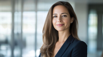 Fototapeta premium Professional woman in modern office setting, exuding confidence and poise. Her long hair frames warm smile, creating welcoming atmosphere in workspace