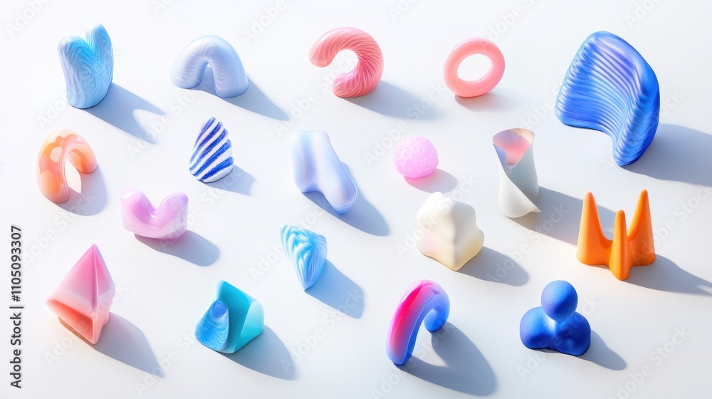 Poster abstract colorful sculptures arranged on white background