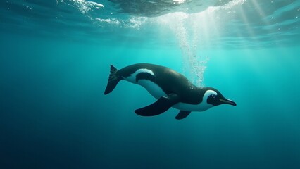 Obraz premium Create a dynamic image of a penguin diving through the clear ocean water, creating a trail of bubbles. The scene should capture its speed, agility, and the vibrant underwater world.