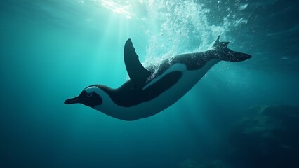 Obraz premium Create a dynamic image of a penguin diving through the clear ocean water, creating a trail of bubbles. The scene should capture its speed, agility, and the vibrant underwater world.