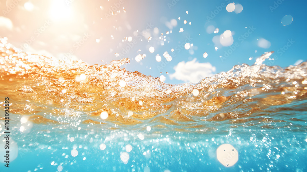 Poster A vibrant underwater scene with sunlight filtering through water, creating a sparkling effect with golden and blue hues
