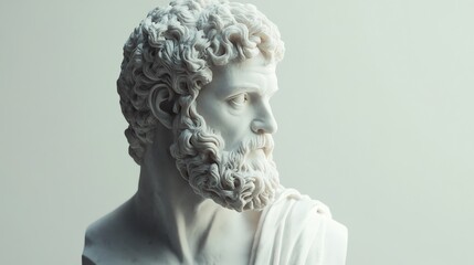 A close-up of a white marble bust of an ancient Greek man with a beard.