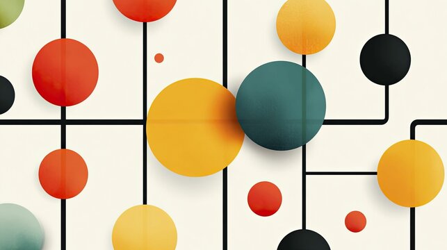 flat design illustration, Breadth-first search algorithm visualization, colorful nodes and pathways, abstract grid background