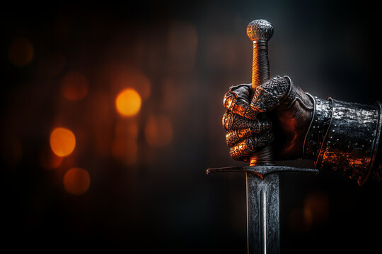 Medieval sword in the hand of a knight in gauntlets close up on a sparkling background.