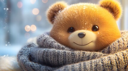 Fototapeta premium A cute teddy bear wrapped in a cozy scarf, surrounded by a snowy backdrop.