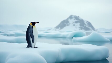 Create a serene image of a penguin resting on an ice floe, surrounded by snow and icebergs. The peaceful scene should evoke solitude and the quiet beauty of the frozen world.