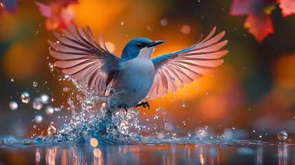 Obraz premium mockingbird in mid-flight with its wings spread wide. rainbow prism lighting. Mockingbird is face-forward and looking fierce, bold.