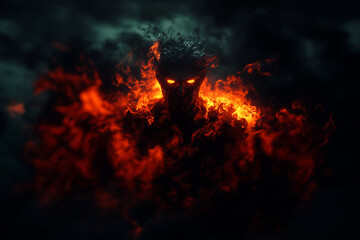 Fototapeta premium Creepy fiery elemental on a fiery background.