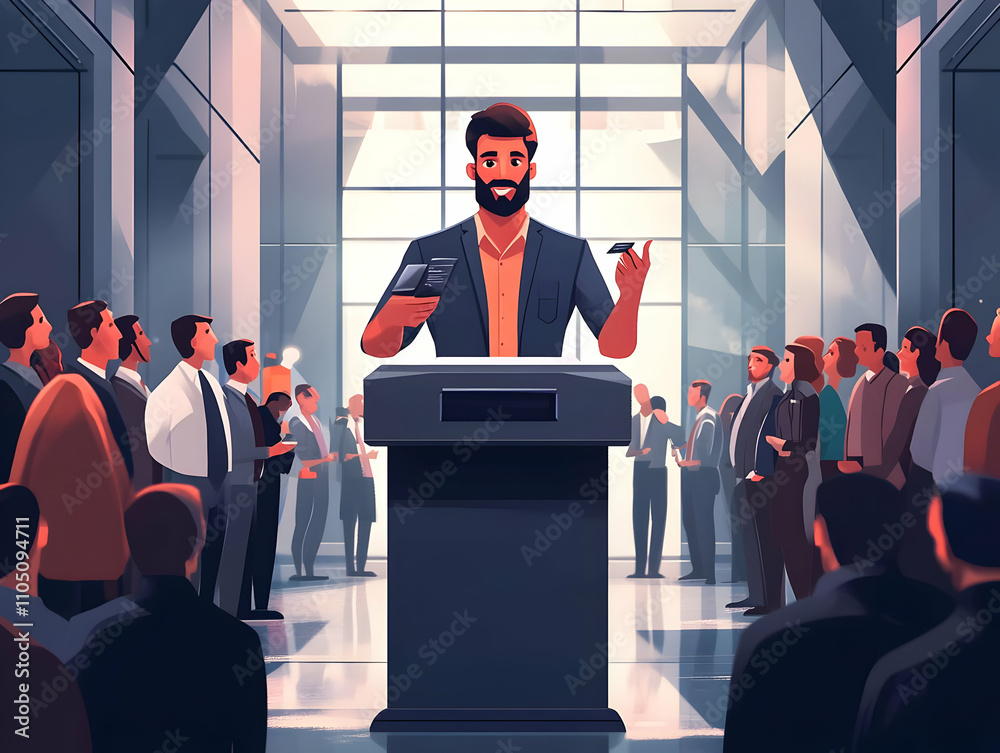 Poster a speaker addresses an audience from a podium in a modern conference setting.