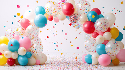 Colorful balloon arch with confetti scattered on ground, creating festive atmosphere for celebrations. Perfect for parties, events, and joyful occasions