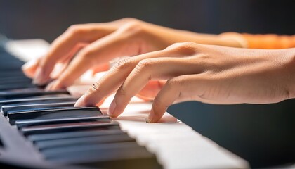 Obraz premium Close-up of human fingers on a synthesizer keyboard. Selective focus.