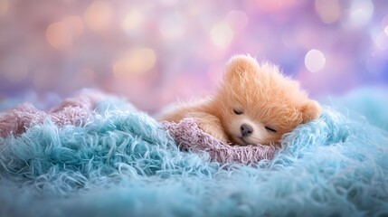 Fototapeta premium A cute, fluffy puppy sleeping peacefully on a soft blanket.