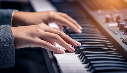 Obraz premium Close-up of human fingers on a synthesizer keyboard. Selective focus.