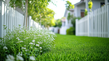 Fototapeta premium Lush green lawn with white flowers alongside white picket fence, creating serene and inviting atmosphere in garden pathway