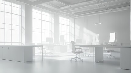 Modern corporate open office in minimalist modern design in whites and greys, empty office workstations.