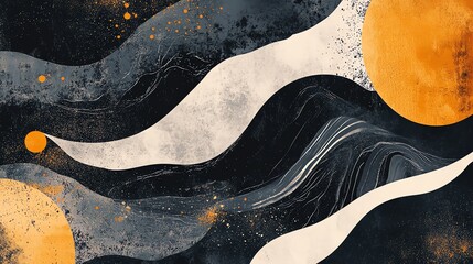 Obraz premium An abstract background of wavy shapes with splashes of color in white, orange, peach and black.