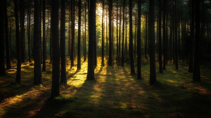 A stunning forest scene bathed in soft golden light. Tall trees stand like guardians. Sun rays break through the canopy creating a magical atmosphere. Generative AI