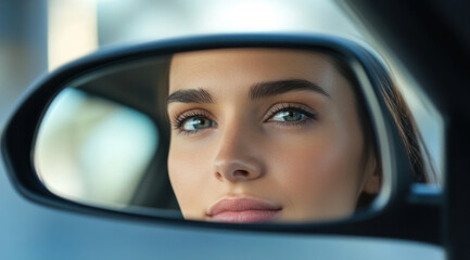 woman gazes thoughtfully in car side mirror, reflecting on her journey. serene expression and soft lighting create moment of introspection and calm
