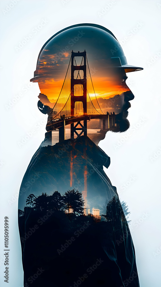 Poster a double exposure image of a construction worker with a sunset and bridge silhouette.