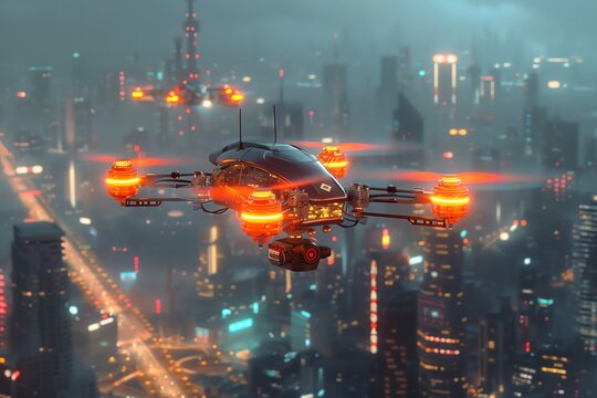 Futuristic drone flying over a neon cityscape.