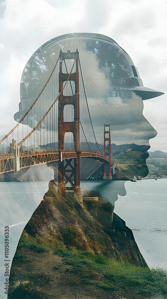 Poster a double exposure image combining a person's silhouette with the golden gate bridge.