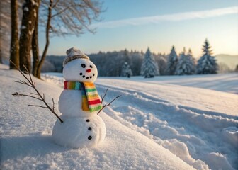 Fototapeta premium A snowman in a scarf on snow in the winter. Generative AI 