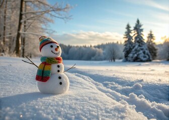 Fototapeta premium A Little snowman in a scarf on snow in the winter. Generative AI 