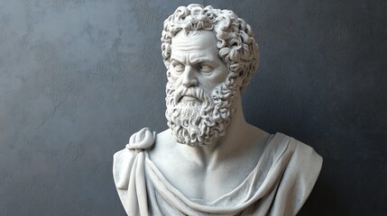 A close-up shot of a white marble bust of a man with a beard,  thoughtfully resting his chin on his hand, against a dark gray background.