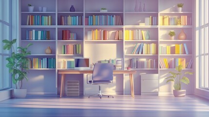 Office interior backdrop for online meetings. Light home office setting bookshelves background. Minimalist online workspace aesthetics. Video conferencing room design in pastel tones.