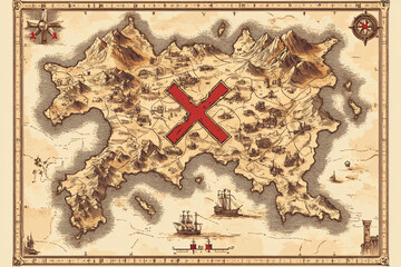 Naklejka premium a highly detailed antique map with a bold red x marking a significant location amidst intricate topographical features 
