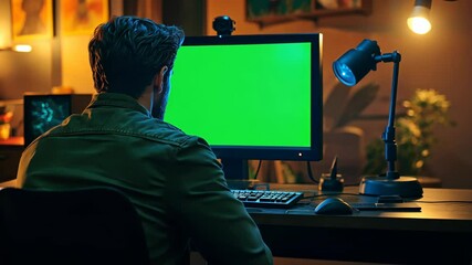 A man working on computer in office. computer green screen