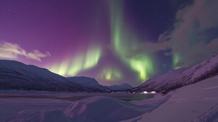 Northern Lights Dancing Over Snowy Mountains