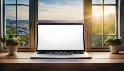 Fototapeta premium Laptop computer screen with blank copy space against the window