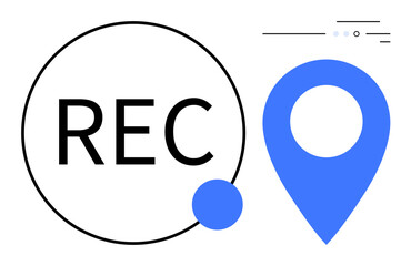 Blue location pin and REC text inside a circle with minimalistic lines and dots. Ideal for video recording themes, map navigation, location tracking, tech interfaces, digital content, minimalist