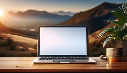 Laptop screen and office equipment on wooden table top
