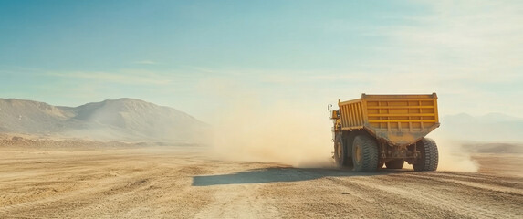 Large yellow mining truck driving in coal mine, kicking up dust. rugged terrain and mountains in background create striking industrial landscape