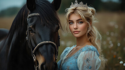 Obraz premium Portrait of a beautiful blonde woman in a blue dress with a white skirt and tiara, standing next to a black horse.