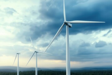 Fototapeta premium Wind turbines spinning in a stormy landscape, symbolizing the balance between clean energy and environmental challenges