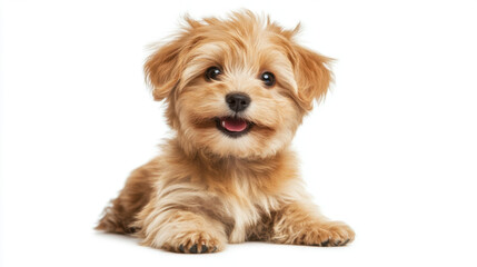 Happy little dog sitting and looking with joyful expression. This adorable puppy has fluffy fur and bright eyes, radiating warmth and playfulness