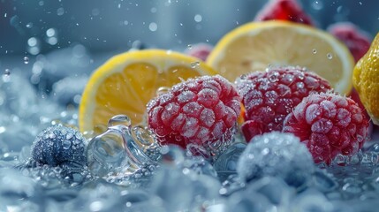 A close up of a bunch of raspberries with a lemon on top of ice. Frozen berries. Concept of...