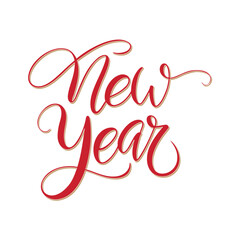 New Year red text, hand lettering calligraphy isolated on white background, holiday illustration element, script calligraphy