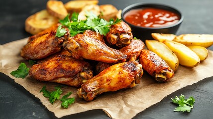 A plate of barbecue chicken wings, potato wedges and barbecue sauce on a dark background.