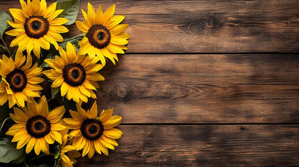 Obraz premium bright yellow sunflowers on a brown wooden table with space for text