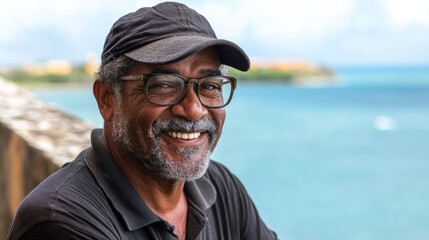 Smiling mature man posing for a photograph at Farol da Barra, Salvador