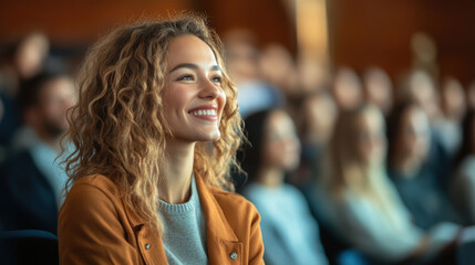 smiling woman with curly hair enjoys presentation in crowded auditorium, radiating positivity and engagement